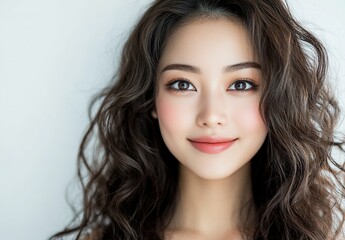 Obraz premium A photograph of the most beautiful japanese women with long, curly hair, big eyes, and flawless skin, smiling for her beauty portrait. 