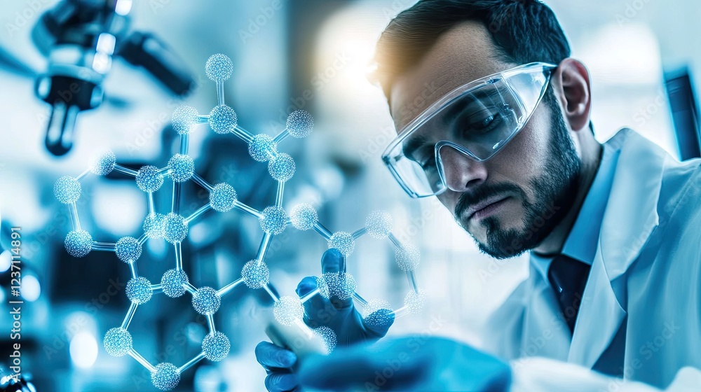 Poster scientist studying molecular structure in laboratory