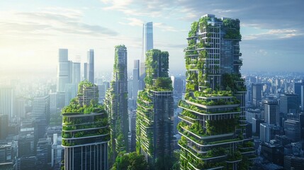 Obraz premium Futuristic Cityscape with Green Buildings and Urban Nature Integration