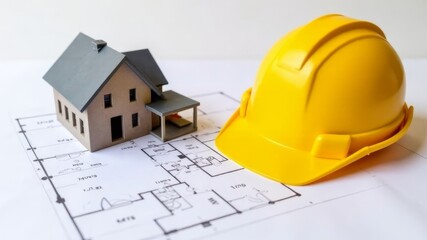a layout model of a country house, and next to it lies a yellow construction helmet.