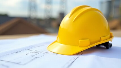 a yellow hard hat and a lot of house plan drawings are lying on the table