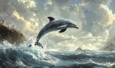 Fototapeta premium Dolphin Leaping Gracefully in the Ocean – A Majestic and Playful Marine Moment