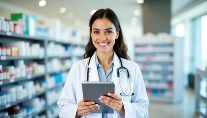Smiling healthcare professional in a pharmacy holding a tablet and ready to assist customers with their needs