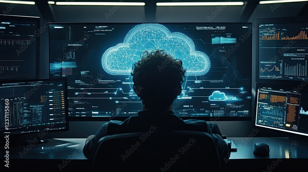 Poster person monitoring a network cloud system on multiple screens