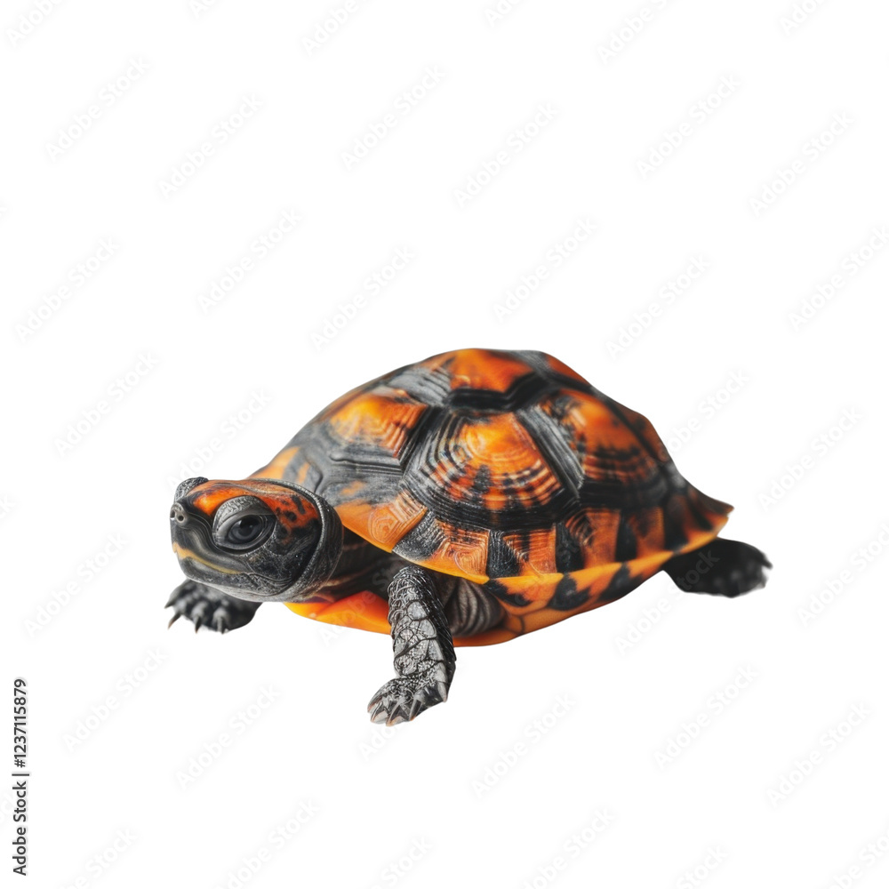 Poster vibrant turtle with orange and black shell, showcasing its unique patterns and textures. this reptil