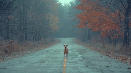Solitary Deer on Misty Autumn Road