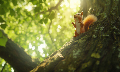 Fototapeta premium Squirrel Scurrying Busily Up a Towering Oak – A Lively and Energetic Forest Moment