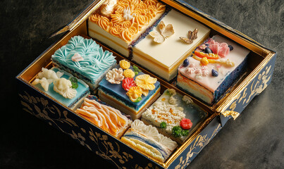 Fototapeta premium Colorful Layered Kueh Cake in a Box – Traditional Sweet Cakes in Vibrant Hues