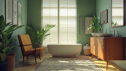 Fototapeta premium Serene Modern Bathroom with Bathtub and Green Plant Decor