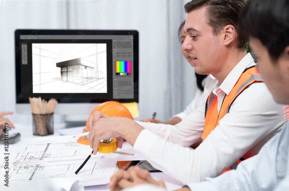Poster Diverse group of civil engineer and client working together on architectural project, reviewing construction plan and building blueprint at meeting table. Prudent
