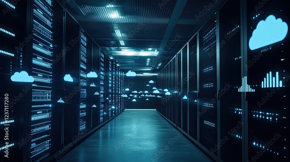 Poster modern data center server room cloud computing technology
