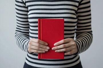 Hands holding and presenting a bright red book with striped clothing. AI generated image