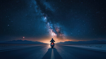 Biker on a Desert Highway Beneath a Star-Filled Night Sky, with the Milky Way Casting an Ethereal Glow as the Blurred Road Stretches Endlessly Ahead