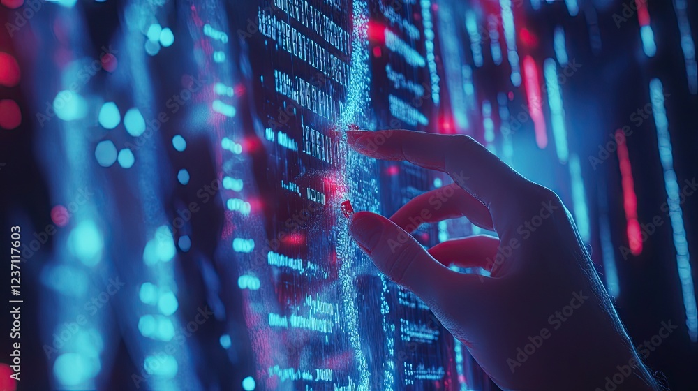 Poster hand interacting with futuristic digital data display