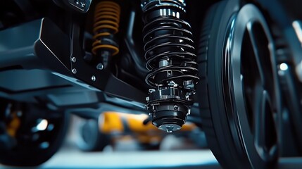 Fototapeta premium Close-up of the lower half of an electric car's rear suspension, showcasing its advanced design and features.