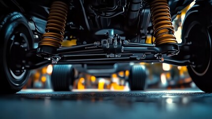 Close-up of the lower half of an electric car's rear suspension, showcasing its advanced design and features.
