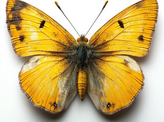 Fototapeta premium Long Exposure Macro Photography of the Intricate Wing Patterns of a Symmetrical Yellow Butterfly on a White Background