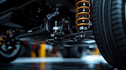 Close-up of the lower half of an electric car's rear suspension, showcasing its advanced design and features.