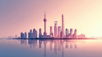 Obraz premium Sunrise Reflection of Modern Shanghai Skyline at Dawn in Pastel Hues