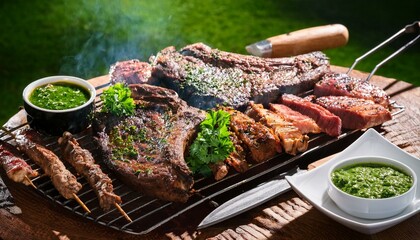 authentic argentinian asado grilled meats with chimichurri sauce at outside bbq accumulating