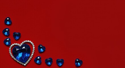 Valentine's Day background for a romantic holiday Love sparkling blue gemstone crystal hearts set against a dark red backdrop heart shaped diamond love celebration valentines day blue topaz gemstone