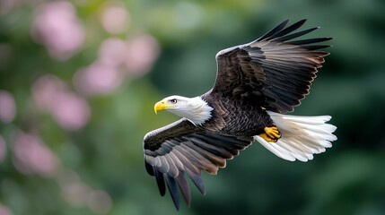 Fototapeta premium Bald eagle soaring in flight against a soft green and pink bokeh background during daytime.