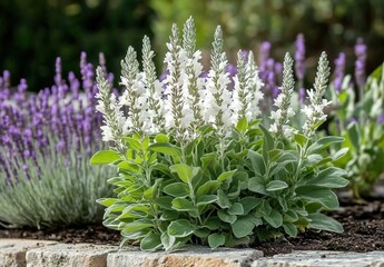 Elegant white Lysimachia plants in the garden, surrounded by lavender and sage plants. 