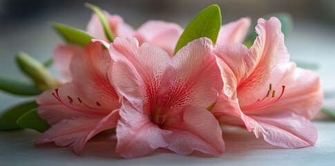 Vibrant pink azalea blossoms with green stalks isolated on a white background - long exposure photography