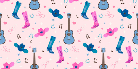 Cowboy Country style music and dance concept seamless pattern. Wild west vector illustration with boots, hat, guitar and horseshoe 