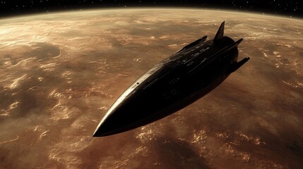 Obraz premium Dark Spaceship Soaring Above a Brown Planet