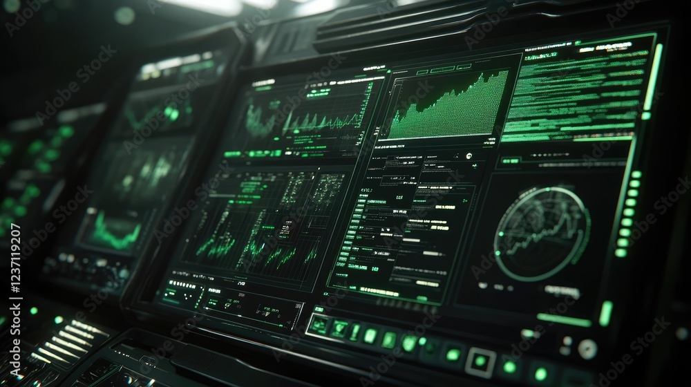 Poster futuristic green digital interface displays data graphs