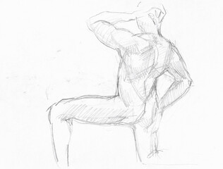 hand-drawn sketch of torso of male model on knee