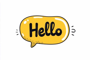 The word "Hello" written in black color inside a yellow speech bubble on a white background, a cartoon-style vector illustration with simple lines and shapes