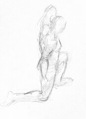 hand-drawn top view of of male model on one knee