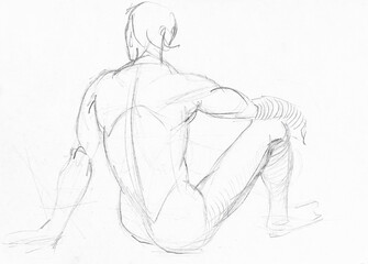 hand-drawn sketch of back of sitting male model