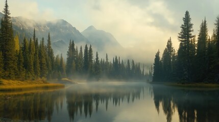 Misty Mountain Lake at Sunrise Peaceful Reflections in Still Water