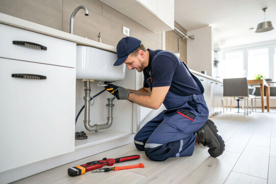 A plumber fixes a faucet in a bright kitchen with a minimal interior. Professional plumbing services - Powered by Adobe