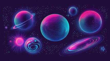 Luminous holographic shapes in retrofuturistic vaporwave style for neon disco party, disco, holographic, shapes. Vaporwave Neon. Illustration
