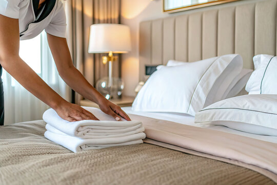 The maid cleaned the hotel room and put fresh towels. Hotel business