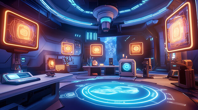 A futuristic storytelling room with glowing holograms narrating a dynamic, immersive sci-fi adventure in high resolution.