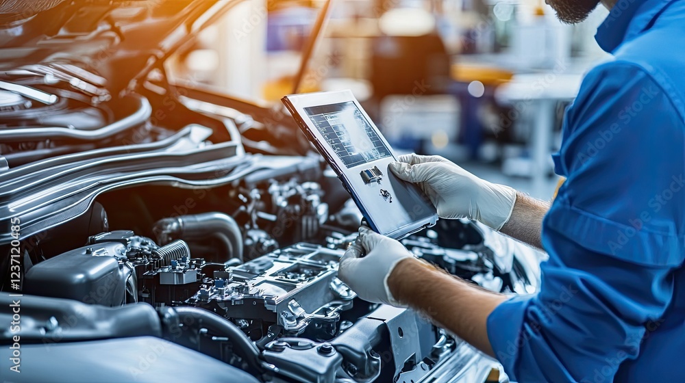 Poster mechanic uses a tablet to diagnose a car engine problem