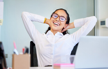 Happy, relax and business woman in office with smile done with project, tasks and deadline at desk....