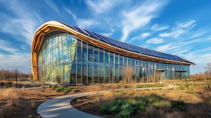 Obraz premium Modern Sustainable Building with Solar Panels Under Blue Sky