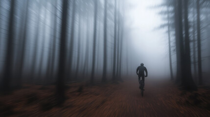 Fototapeta premium Biker Riding Through a Foggy Forest at Dawn, with Blurred Trees Casting Soft Shadows as the Rider Glides Through the Enveloping Mist