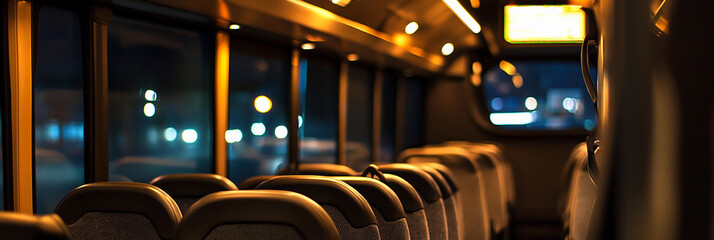 Empty bus interior illuminated at night