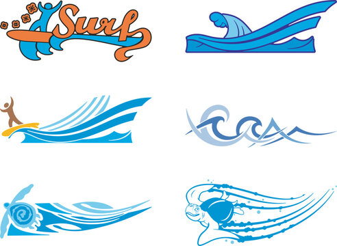 Summer tropical sea vector illustrations set, including surfing, wave designs and turtles. Great for vehicle and boat graphics, decals, stickers, T-shirts, signs, backgrounds. Ready for vinyl cutting.