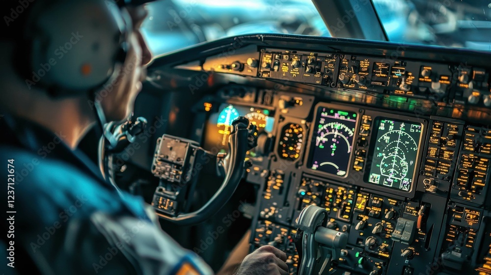 Poster pilot in aircraft cockpit operating control panel and instruments