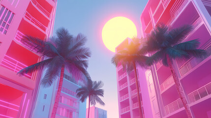 Vaporwave city with neon buildings, digital palm trees, and a retro sun. Vaporwave Neon. Illustration