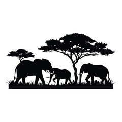 Fototapeta premium Silhouette of elephants and horses grazing on a grassy field at sunrise with an orange sky in a nature landscape