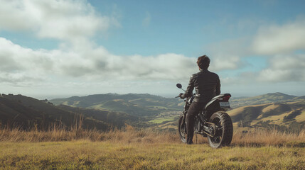 Naklejka premium Biker Resting at a Scenic Viewpoint Overlooking a Vast Valley, Surrounded by Rolling Hills and a Tranquil Sky Creating a Peaceful Atmosphere